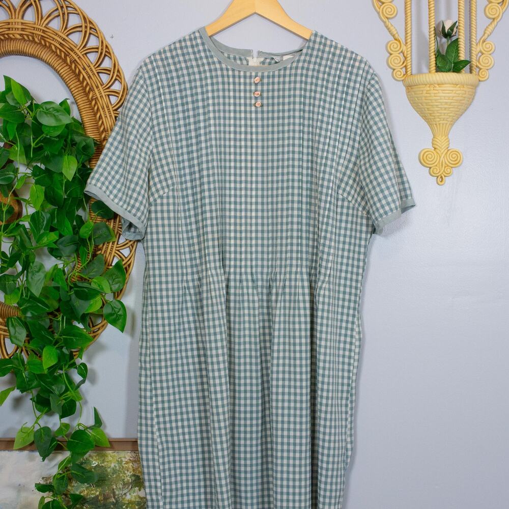 VTG Blue Green Gingham Rosebud Tie Back Cottagecore Maxi Dress | Soft Summer